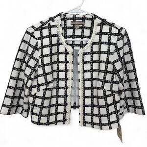 NWT‎ Women's Maya Brooke Cropped Black And White Jacket Blazer Size 8 Pearls